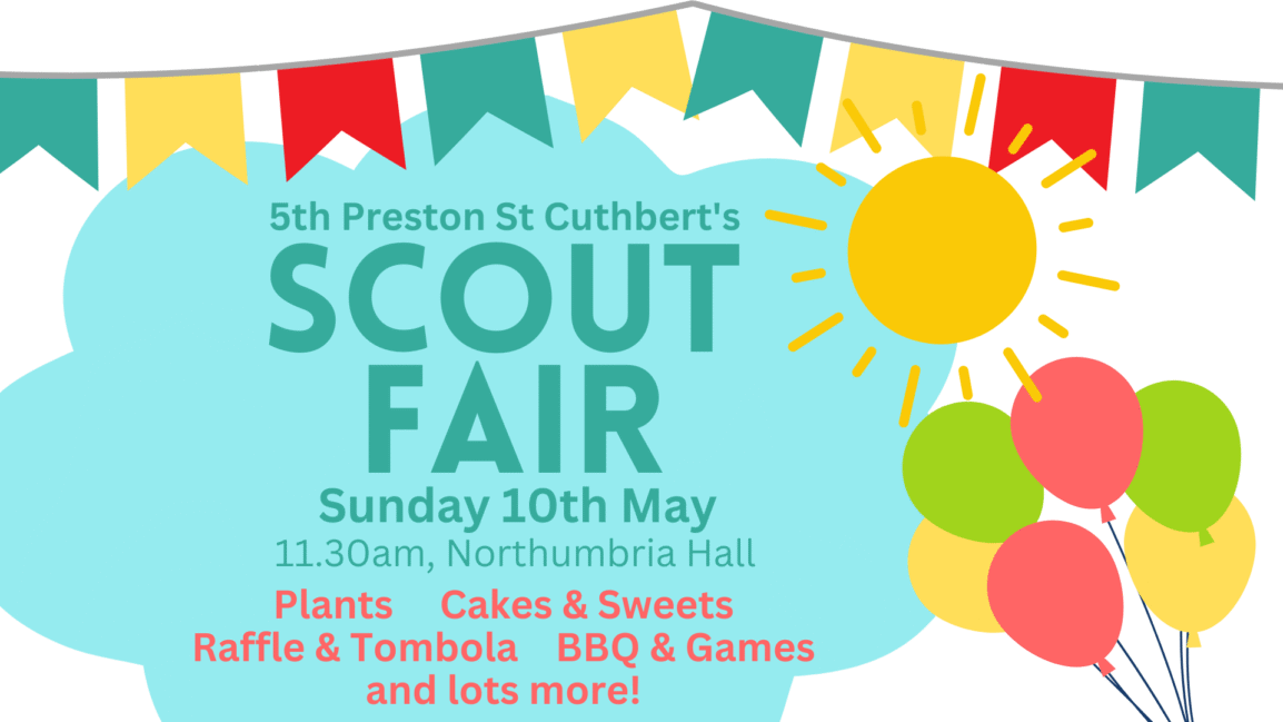 Bright event poster for a Scout Fair with bunting, sun, balloons, and teal text showing date, time, venue and activities.